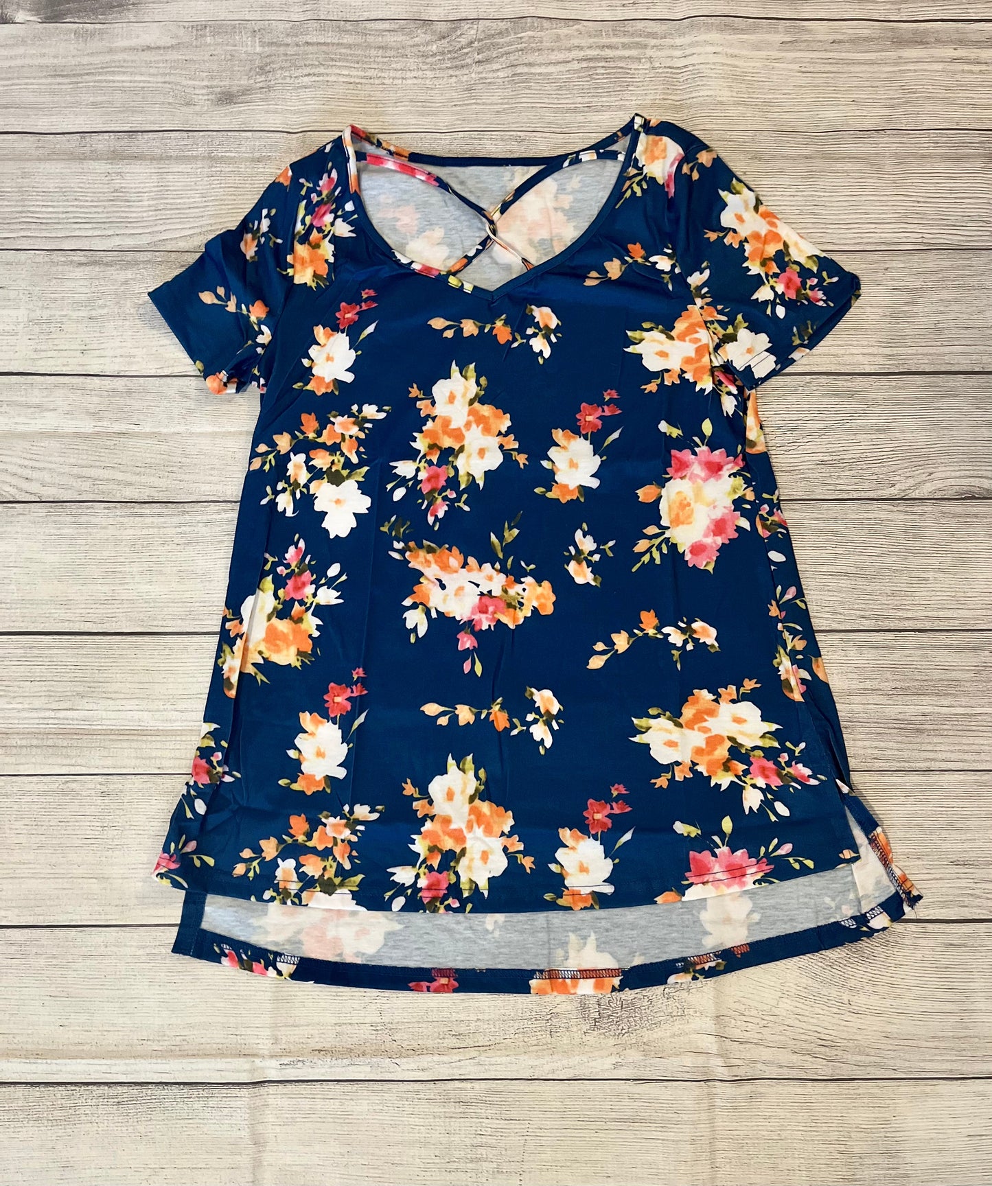 Frankie & Pop Women's V Neck casual country graphic beach Tops Blue Size Medium