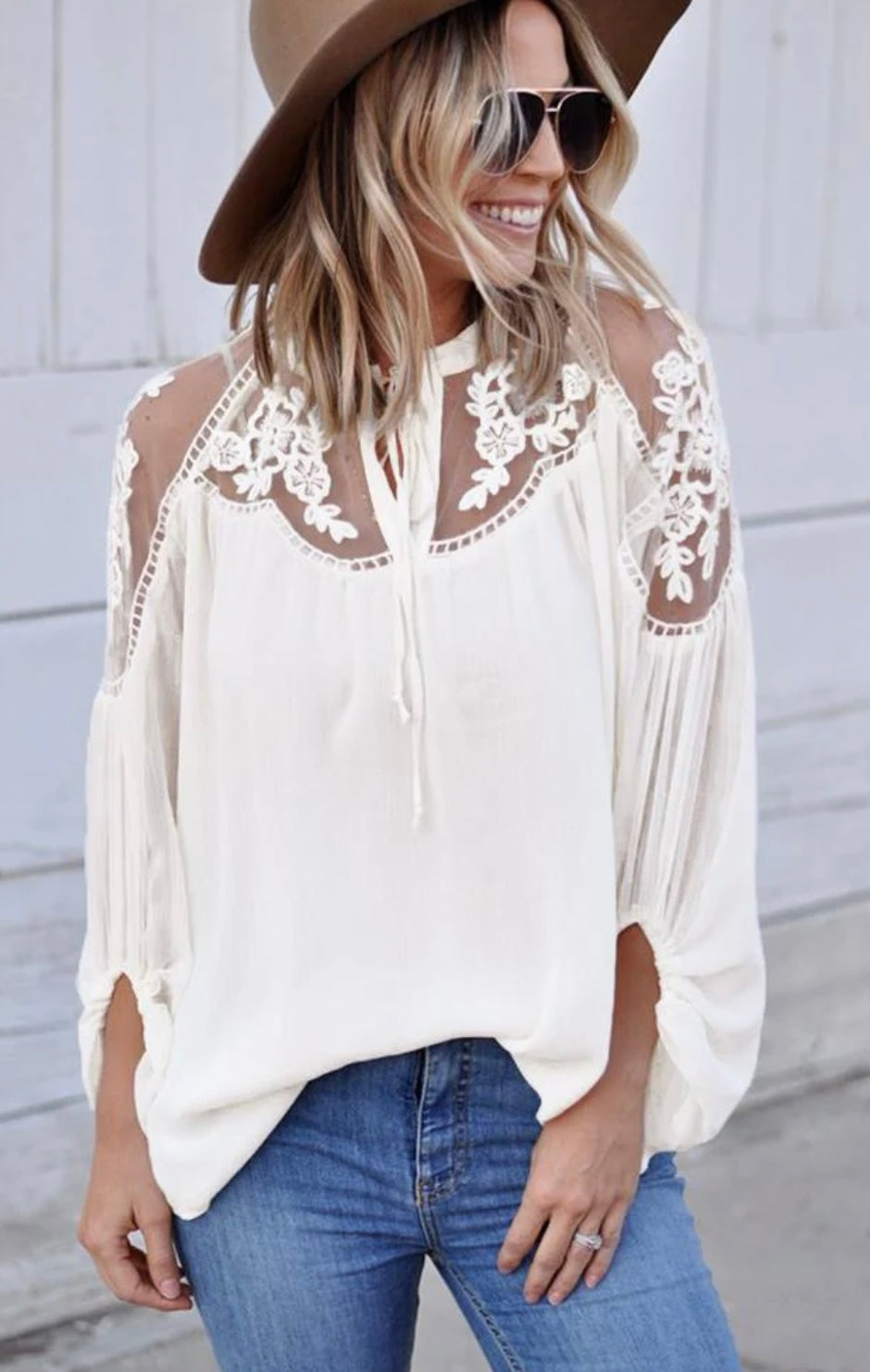 Frankie & Pop Women's Peasant Invitation Lace Chiffon Long Balloon Sleeve Top White Size Medium