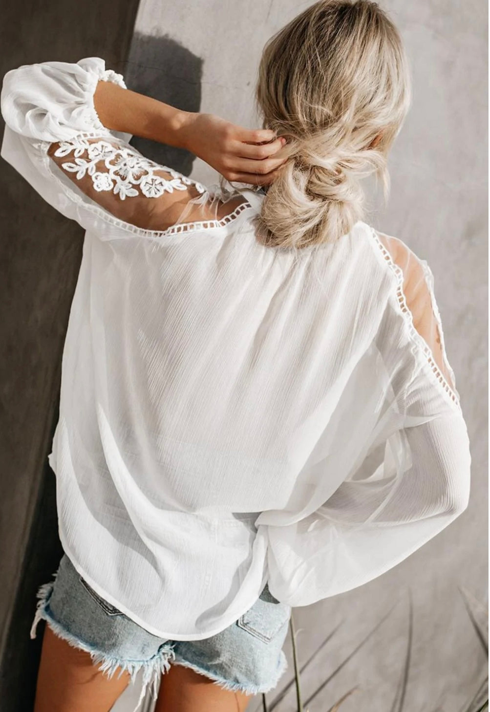 Frankie & Pop Women's Peasant Invitation Lace Chiffon Long Balloon Sleeve Top White Size Medium