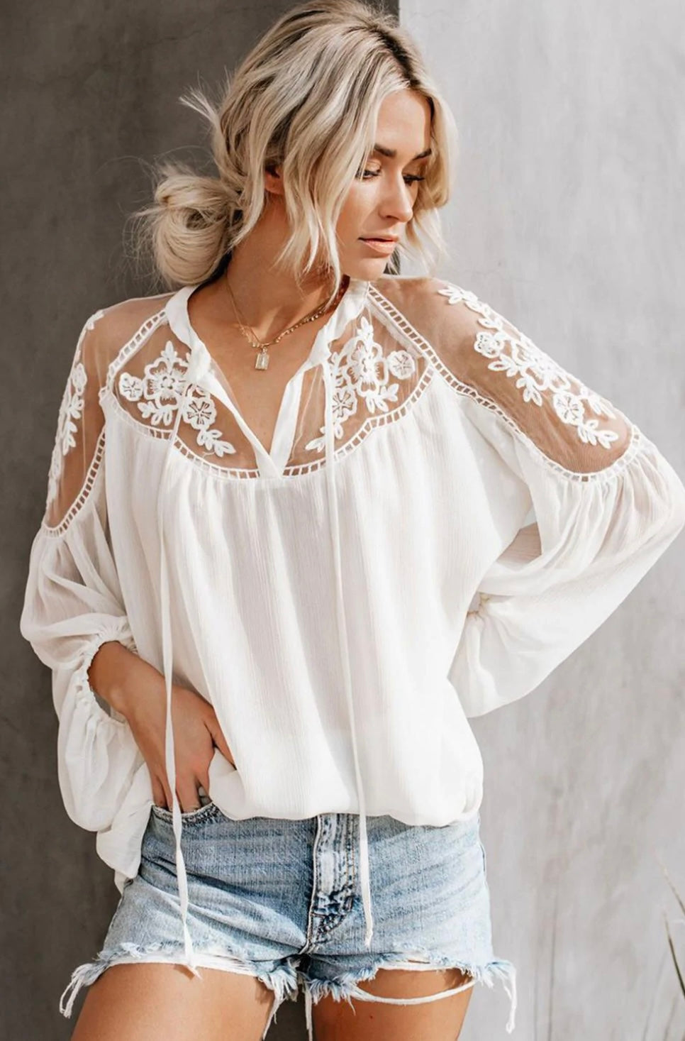 Frankie & Pop Women's Peasant Invitation Lace Chiffon Long Balloon Sleeve Top White Size Medium