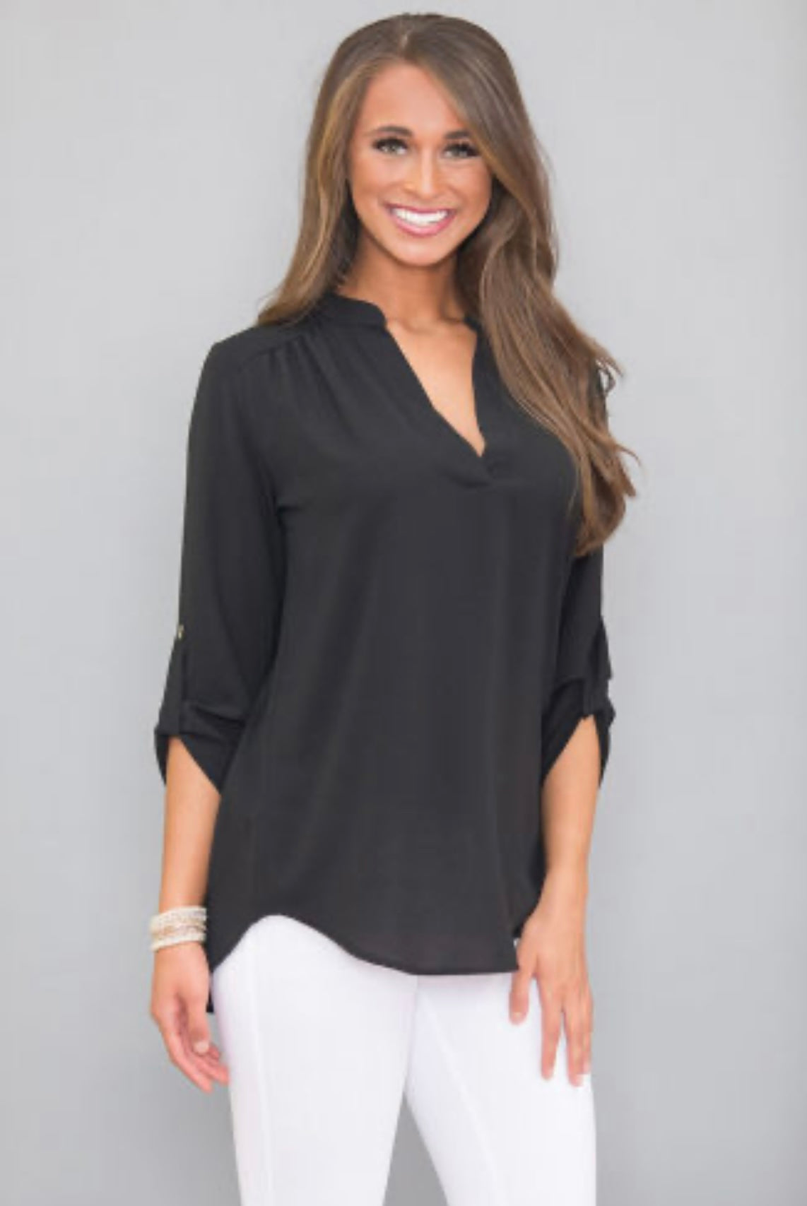 Frankie & Pop Women's Spring Long Sleeve Button Detail Lightweight Dressy Chiffon Beauty Blouse Black Size Small