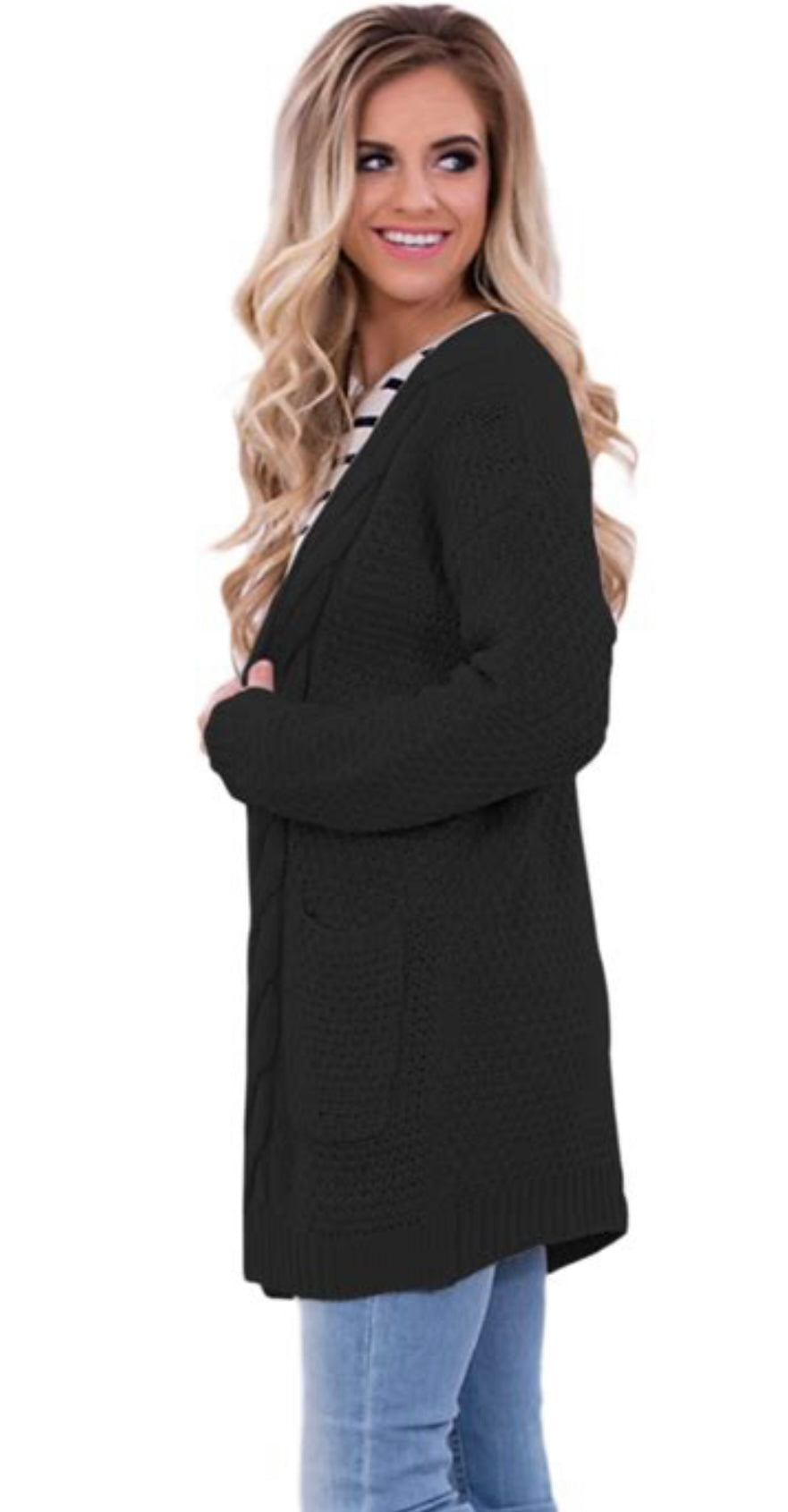 Frankie & Pop Women's Long Sleeve Open Knit Lightweight Front Pocket Cardigan Black Size Medium