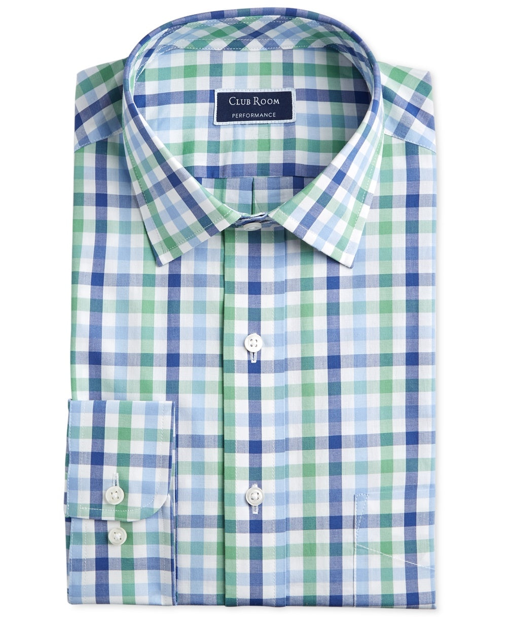 Club Room Men's Classic Regular Fit Performance Multi Gingham Dress Shirt Green Size 16X34X35