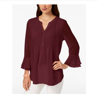 Charter Club Women's Solid Long Sleeve Keyhole Blouse Top Wine Size Petite Small