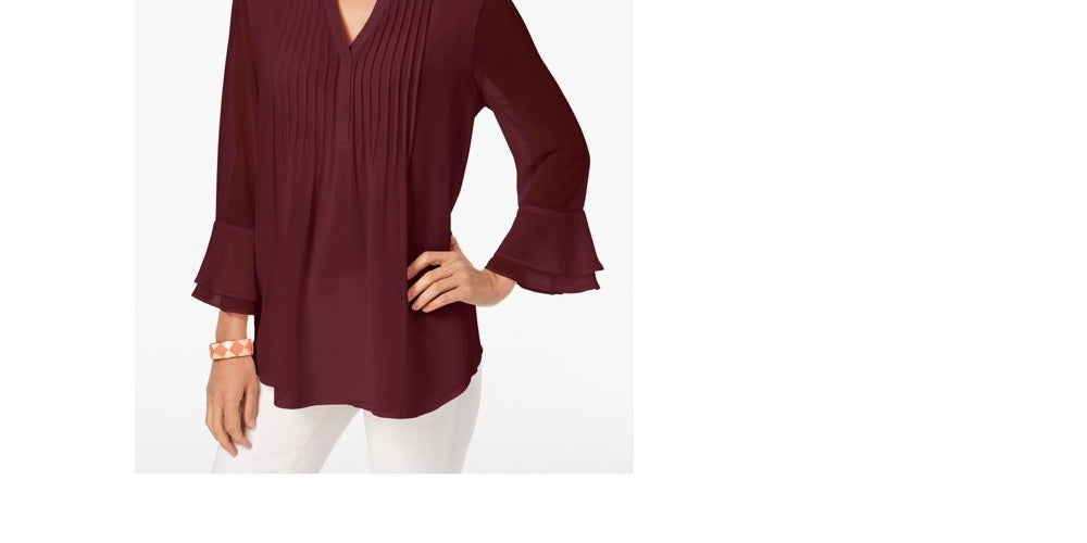 Charter Club Women's Solid Long Sleeve Keyhole Blouse Top Wine Size Petite Small