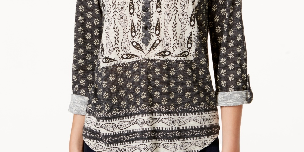 Style & Co Women's Printed Peasant Top Black Size Petite X-Large