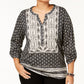 Style & Co Women's Plus Size Cotton Mixed-Print Peasant Top Black Size 0X