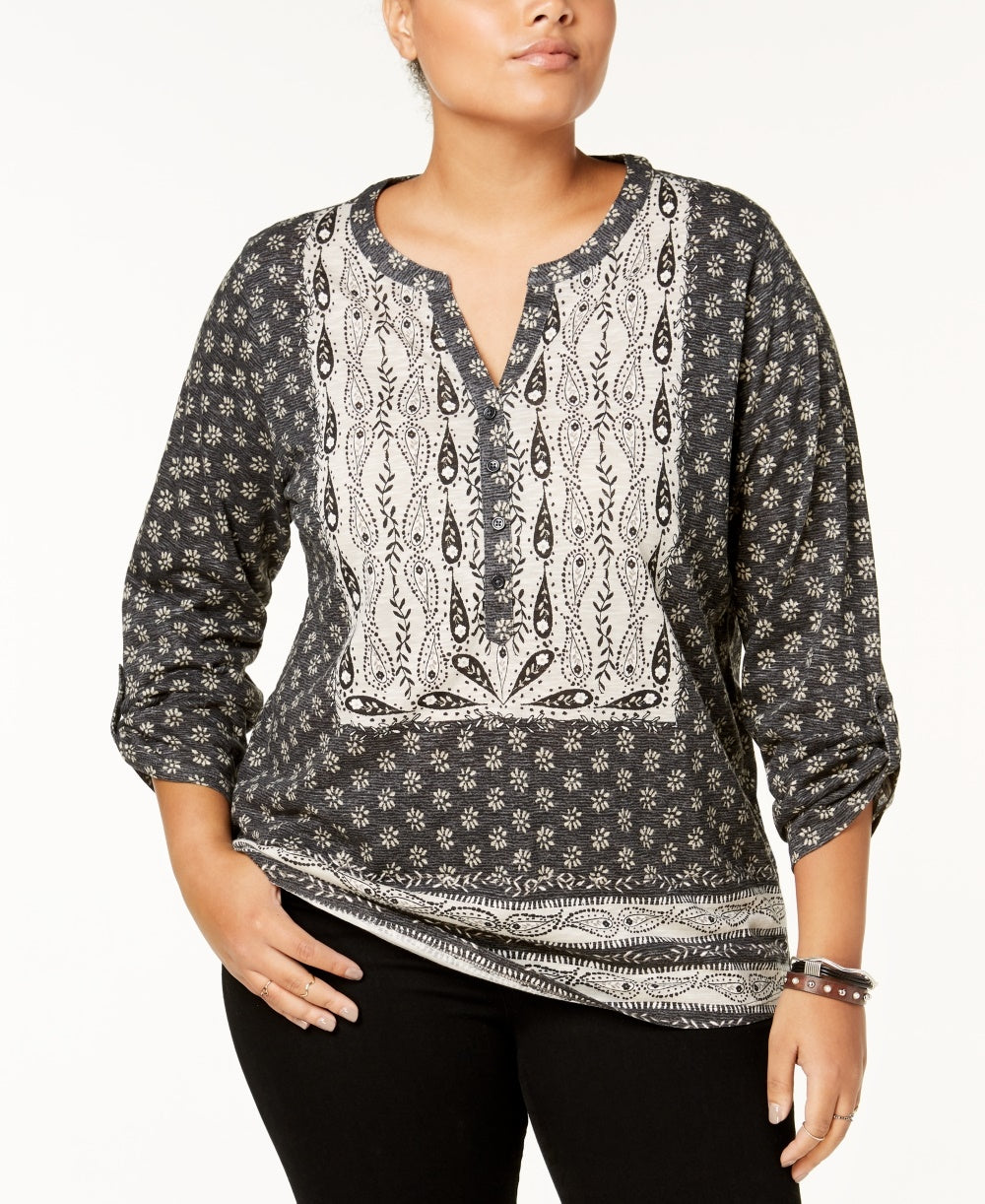 Style & Co Women's Plus Size Cotton Mixed-Print Peasant Top Black Size 0X