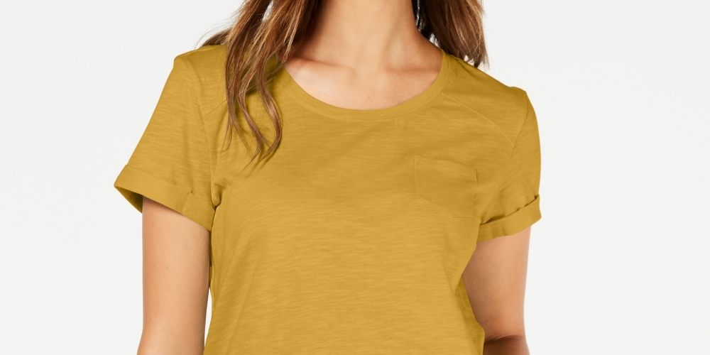 Style & Co Women's Cuffed Sleeve Cotton T-Shirt  Gold Size Small