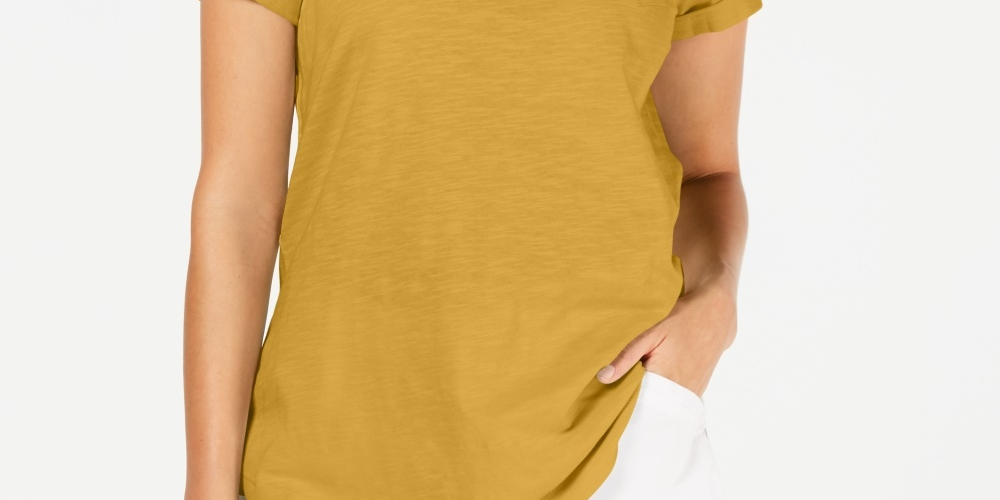 Style & Co Women's Cuffed Sleeve Cotton T-Shirt  Gold Size Small