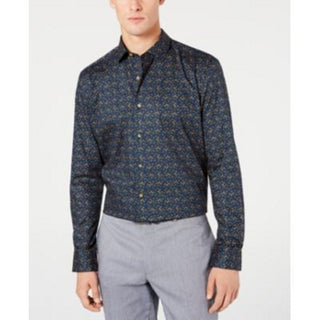 Bar III Men's Slim-Fit Stretch Easy-Care Watercolor Floral Dress Shirt Dark Blue Size 17.5x36-37