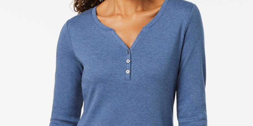 Karen Scott Women's Cotton Henley Top Blue Size Small