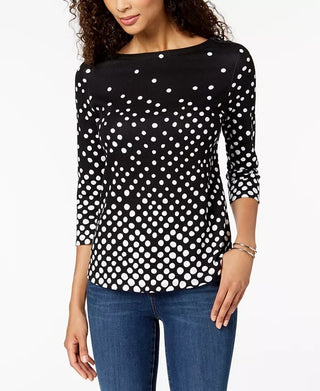 Charter Club Women's Pima Cotton Button Shoulder Print Top Black Size X-Small