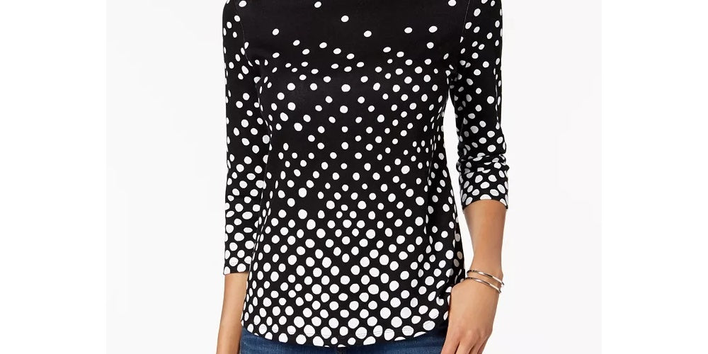 Charter Club Women's Pima Cotton Button Shoulder Print Top Black Size X-Small