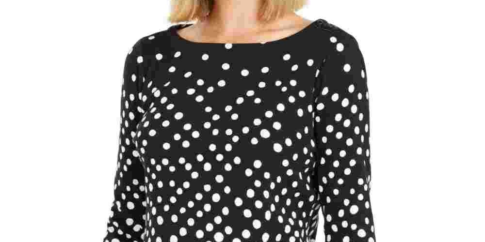 Charter Club Women's Petite Pima Cotton Button-Shoulder Print Top Black Size Petite
