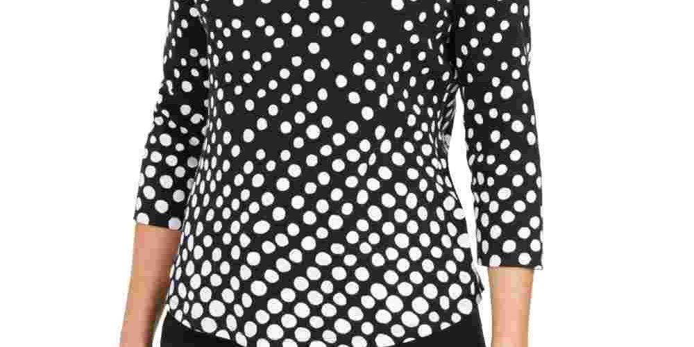 Charter Club Women's Petite Pima Cotton Button-Shoulder Print Top Black Size Petite