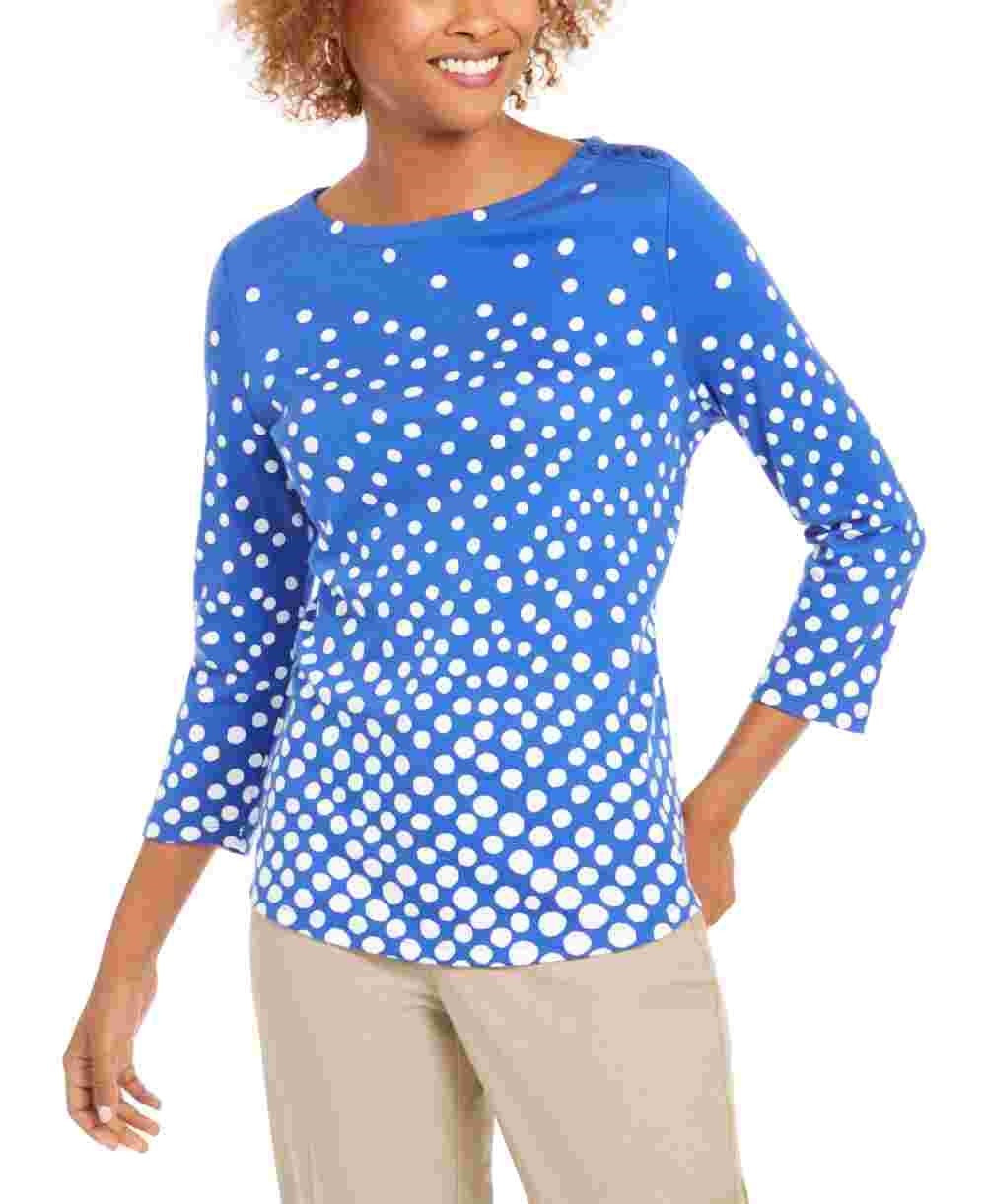 Charter Club Women's Pima Cotton Button Shoulder Print Top Blue Size Petite Small