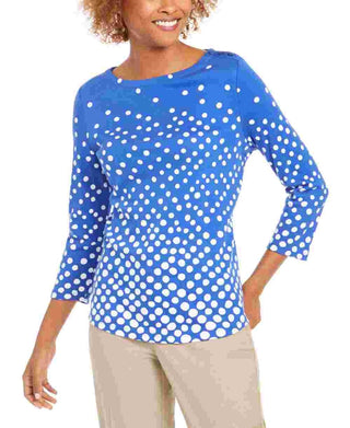 Charter Club Women's Pima Cotton Button Shoulder Print Top Blue Size Petite Small