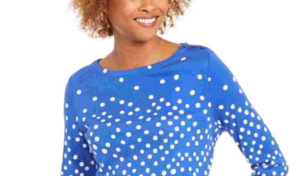Charter Club Women's Pima Cotton Button Shoulder Print Top Blue Size Petite Small