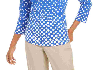 Charter Club Women's Pima Cotton Button Shoulder Print Top Blue Size Petite Small