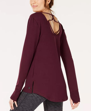 Ideology Women's Lattice-Back Long-Sleeve Tunic  Dark Red Size X-Small