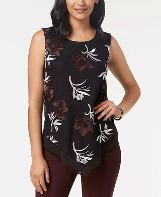 Alfani Women's Black Asymmetric Floral Jewel Neck Top Red Size Small