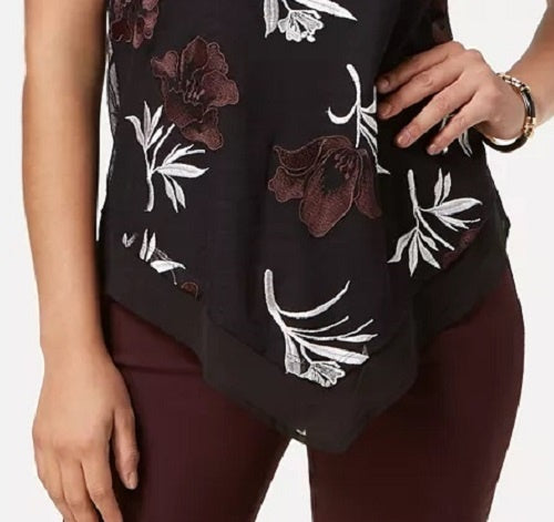 Alfani Women's Black Asymmetric Floral Jewel Neck Top Red Size Small