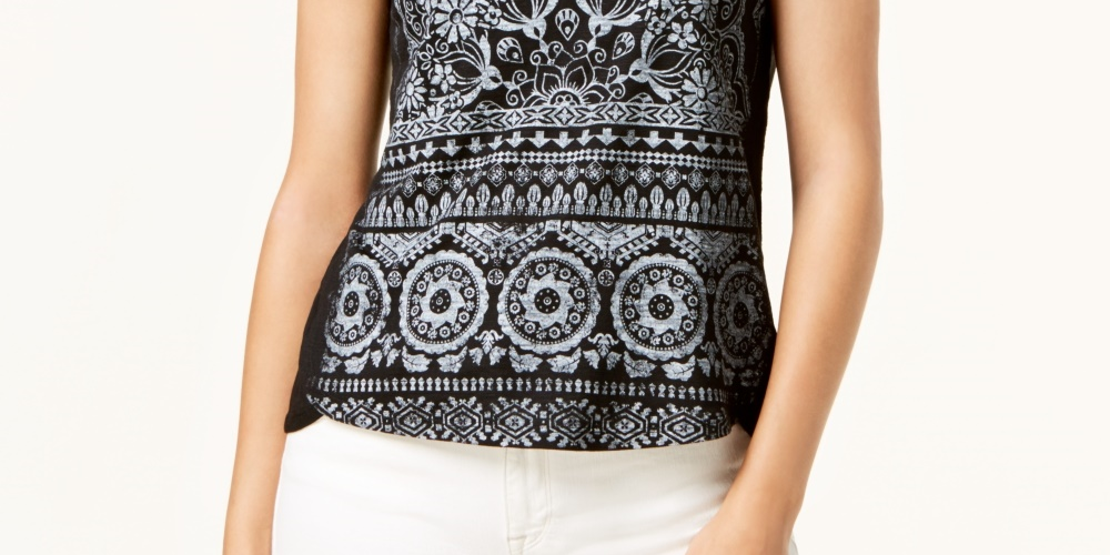 Alfani Women's Brushstroke Print Polo Top Black Size Petite Petite