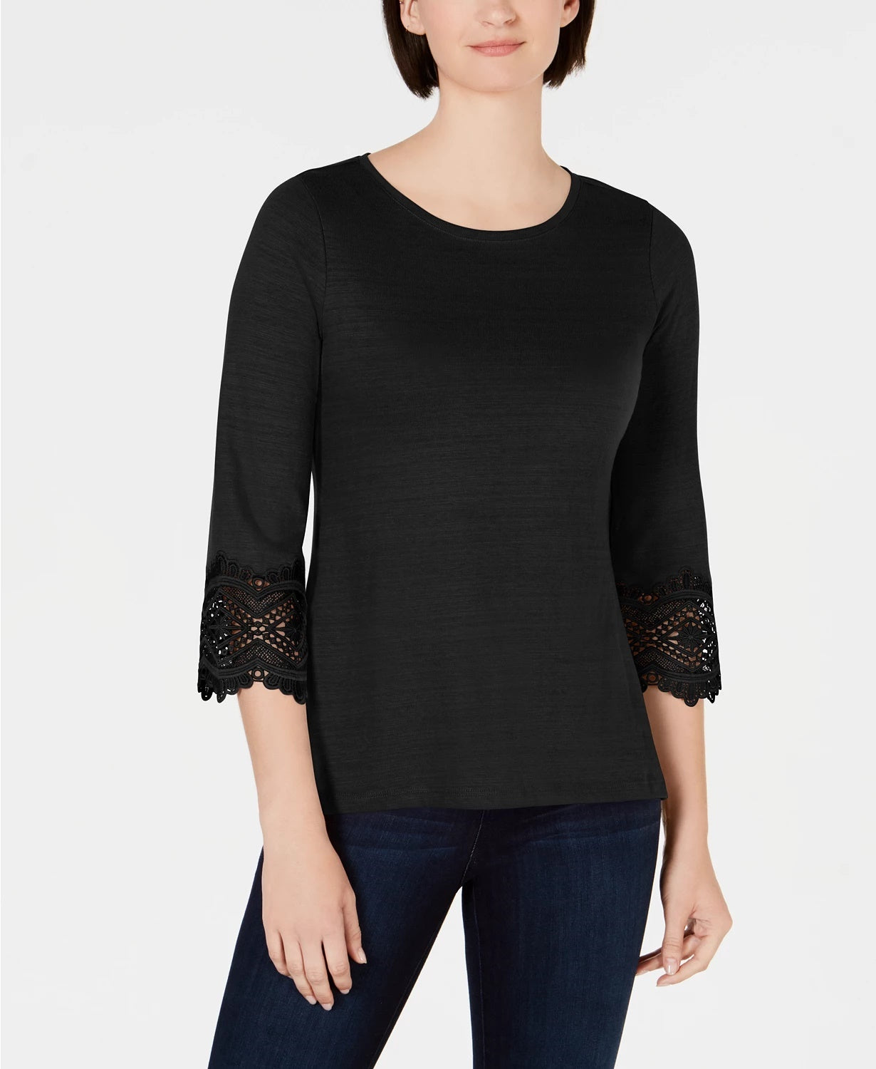 Charter Club Women's Cotton Lace Trim Top Black Size Medium