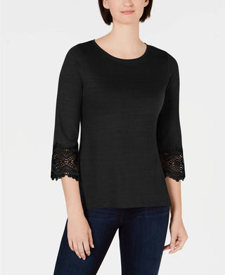 Charter Club Women's Cotton Lace Trim Top Black Size Medium