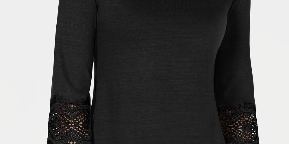 Charter Club Women's Cotton Lace Trim Top Black Size Medium