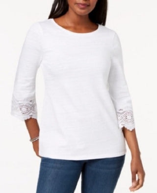 Charter Club Women's Cotton Lace-Trim Top White Size Small