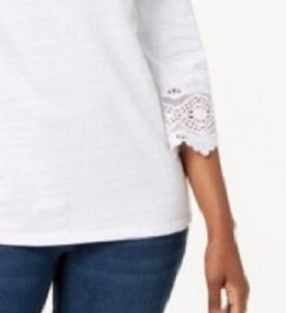 Charter Club Women's Cotton Lace-Trim Top White Size Small