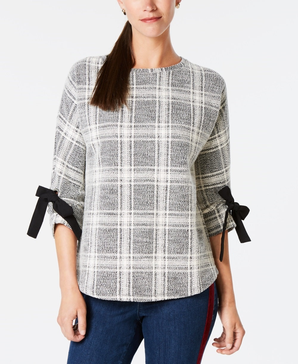 Charter Club Women's Plaid Bow Sleeve Top Black Size X-Small