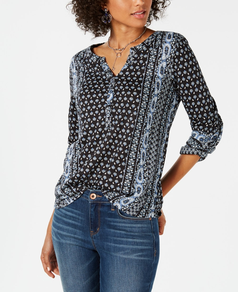 Style & Co Women's Printed Roll Tab Sleeve Top Black Size Petite Small