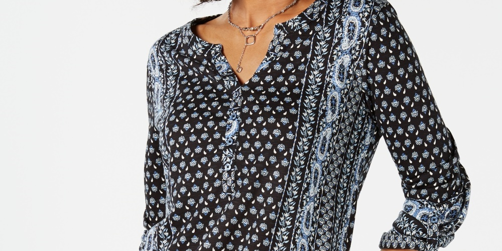 Style & Co Women's Printed Roll Tab Sleeve Top Black Size Petite Small