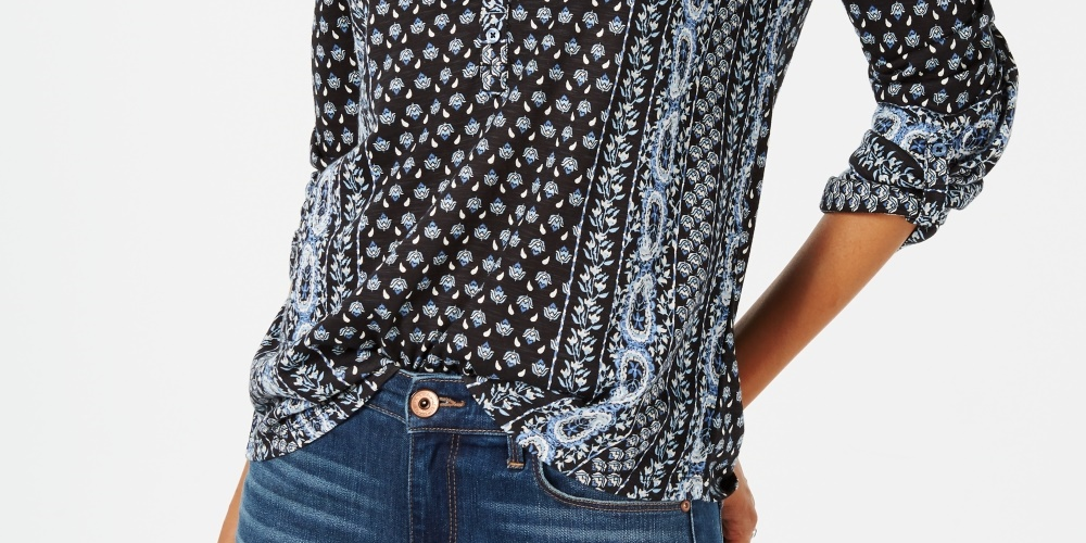 Style & Co Women's Printed Roll Tab Sleeve Top Black Size Petite Small