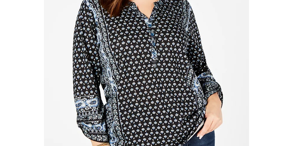 Style & Co Women's Printed Split Neck Top Black Size 0X