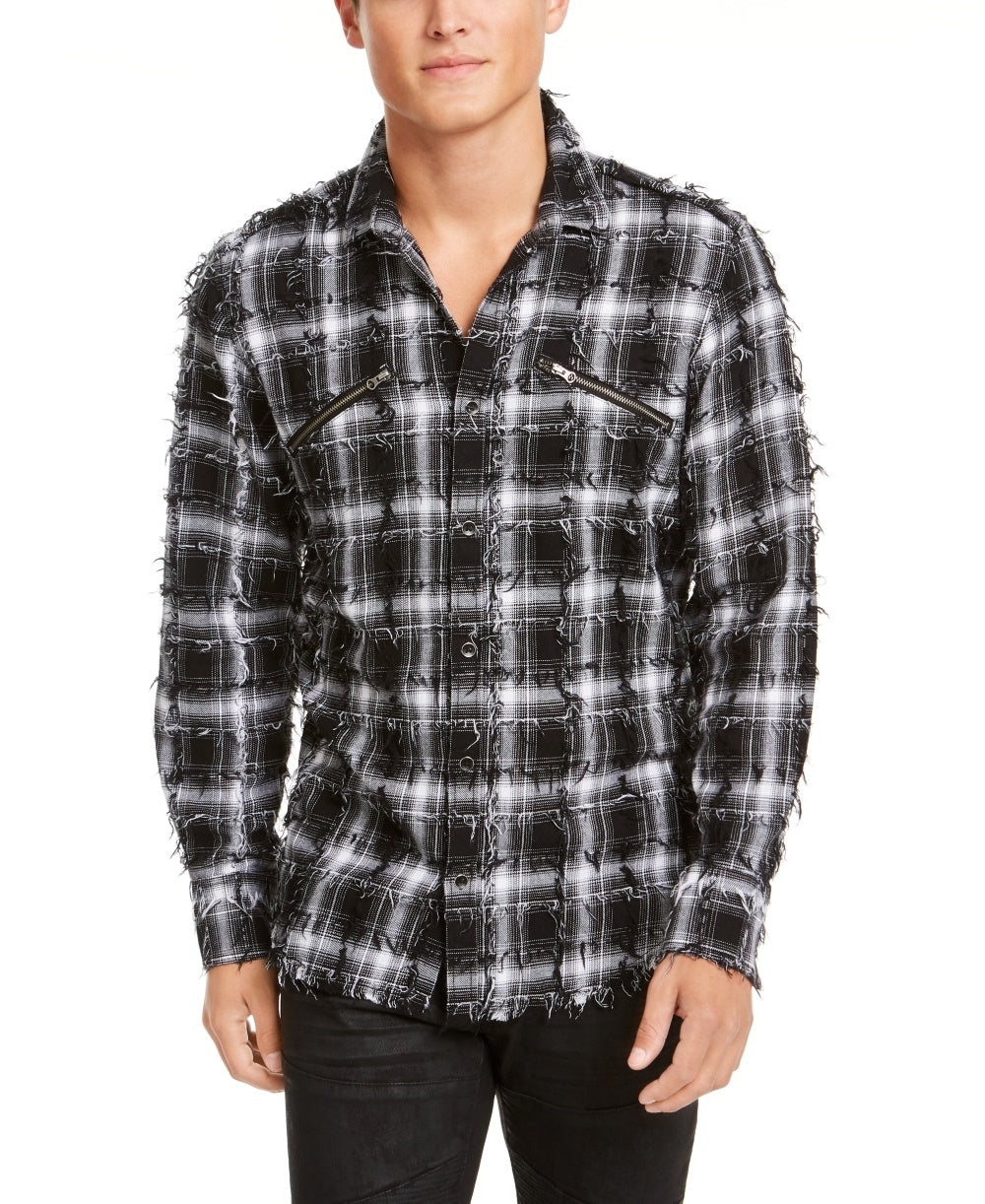 INC International Concepts Men's Frayed Plaid Shirt White Size XX-Large