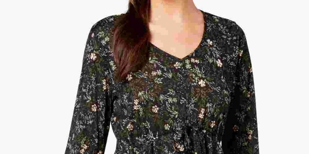 Style & Co Women's Printed Babydoll Top Black Size Medium