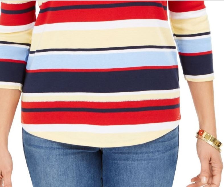 Charter Club Women's Pima Cotton Button Shoulder Stripe Top Red Size Medium