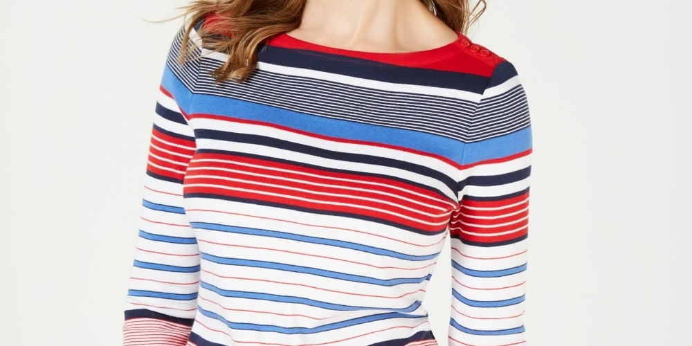 Charter Club Women's Pima Cotton Button-Shoulder Stripe Top Red Size XX-Large