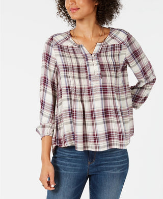 Style & Co Women's Plaid Pleated Top Purple Size Petite Medium