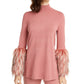 Alfani Women's Faux Fur Cuff Mock Neck Sweater Pink Size Small