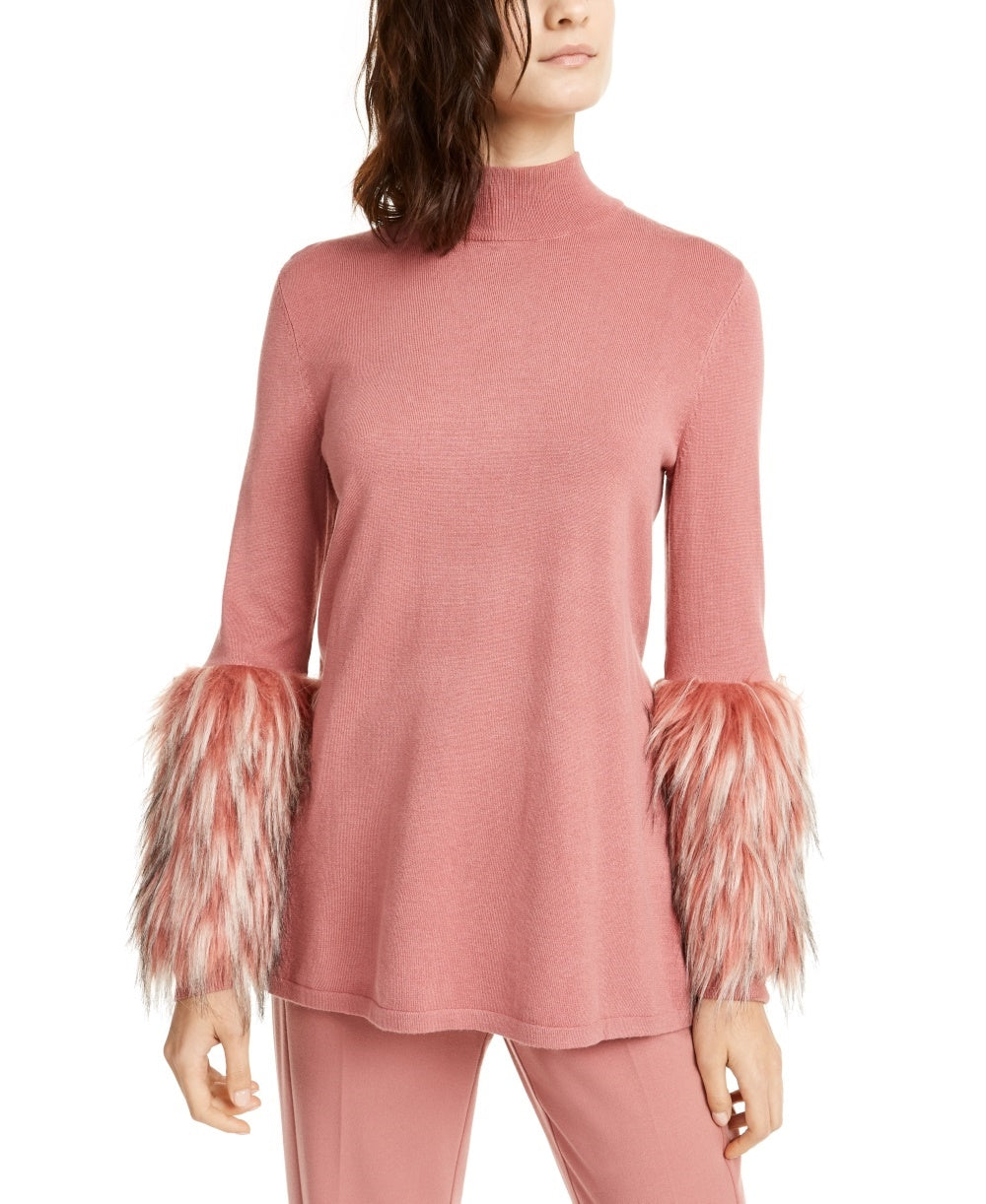 Alfani Women's Faux Fur Cuff Mock Neck Sweater Pink Size Small