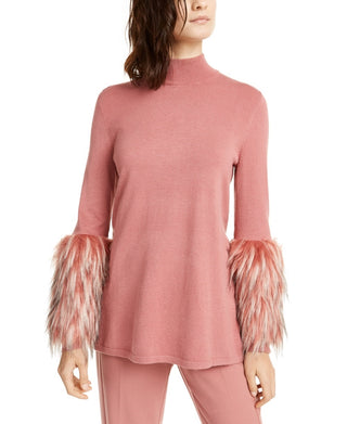 Alfani Women's Faux Fur Cuff Mock Neck Sweater Pink Size Small