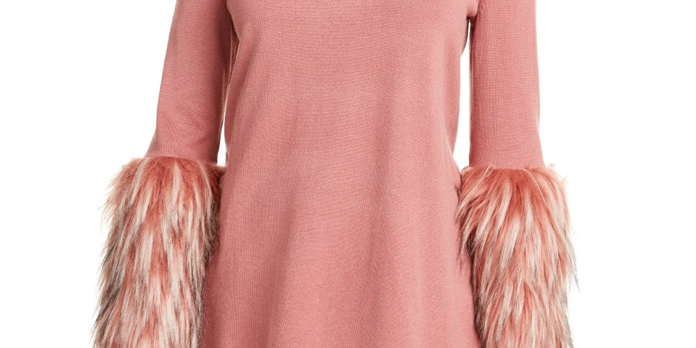 Alfani Women's Faux Fur Cuff Mock Neck Sweater Pink Size Small