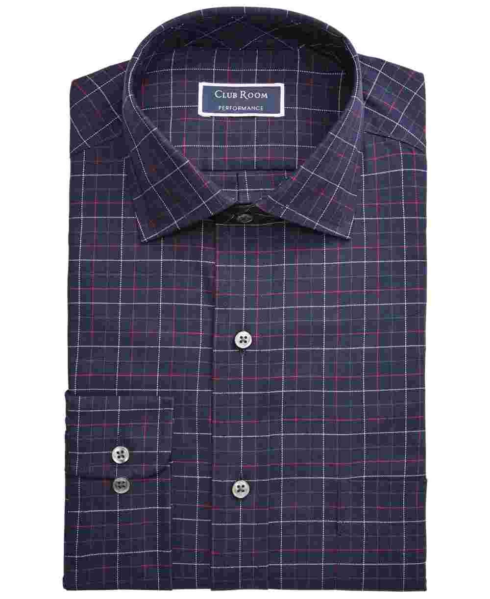 Club Room Men's Navy Windowpane Plaid Collared Classic Fit Dress Shirt Dark Blue Size 17- 32X33