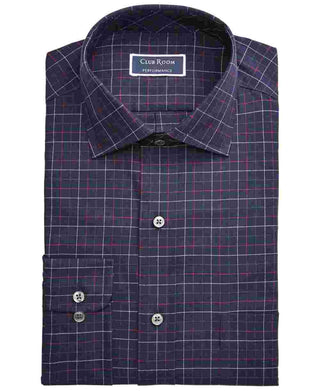 Club Room Men's Navy Windowpane Plaid Collared Classic Fit Dress Shirt Dark Blue Size 17- 32X33