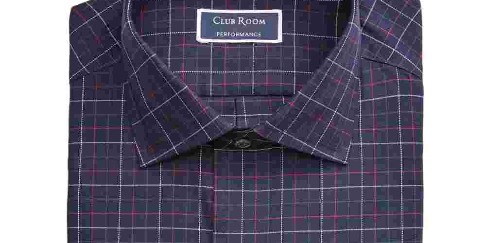Club Room Men's Navy Windowpane Plaid Collared Classic Fit Dress Shirt Dark Blue Size 17- 32X33